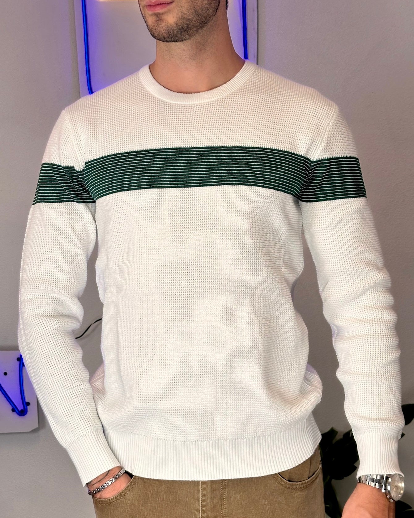 Maglione Pullover col. Bianco con Riga Verde