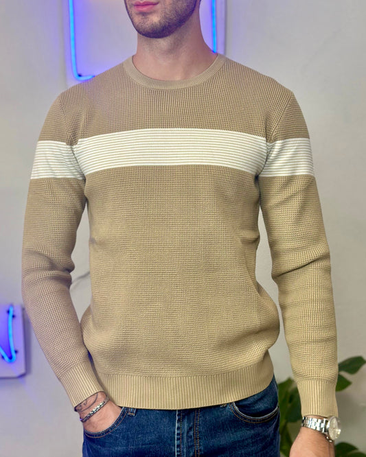 Maglione Pullover col. Beige con Riga Bianca