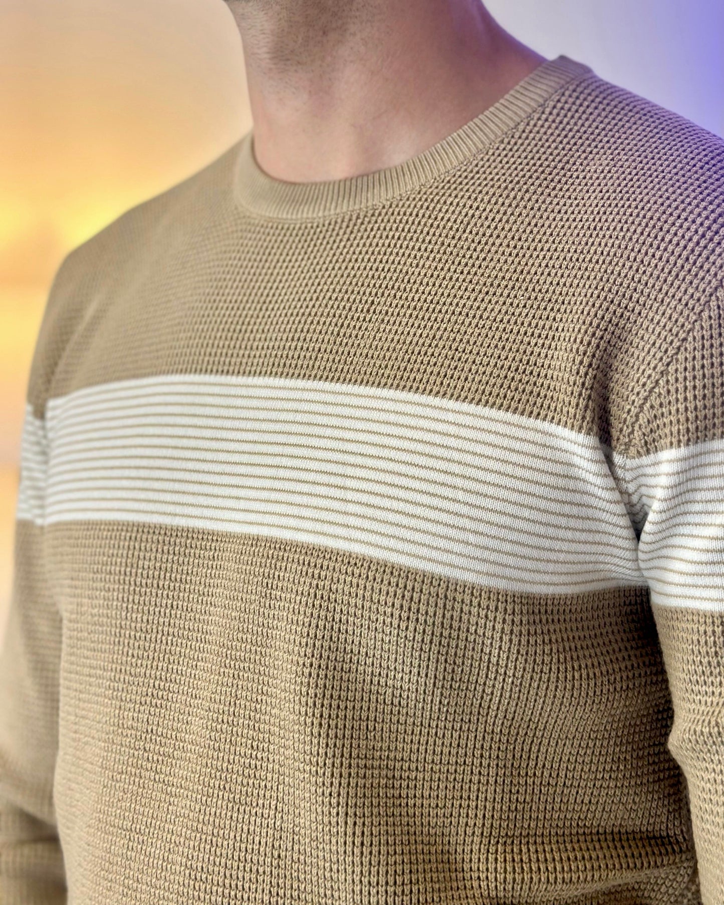 Maglione Pullover col. Beige con Riga Bianca