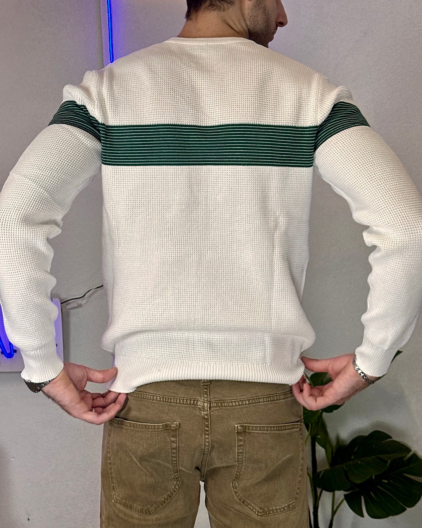 Maglione Pullover col. Bianco con Riga Verde