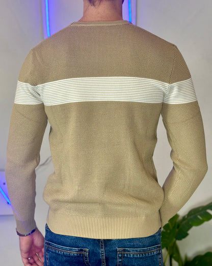 Maglione Pullover col. Beige con Riga Bianca