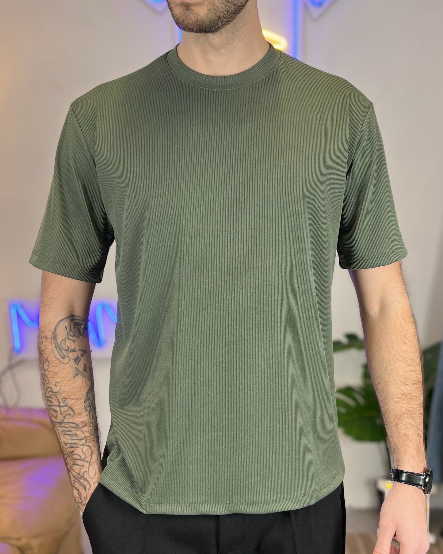 Maglia Manica Corta a Righe col. Verde Militare