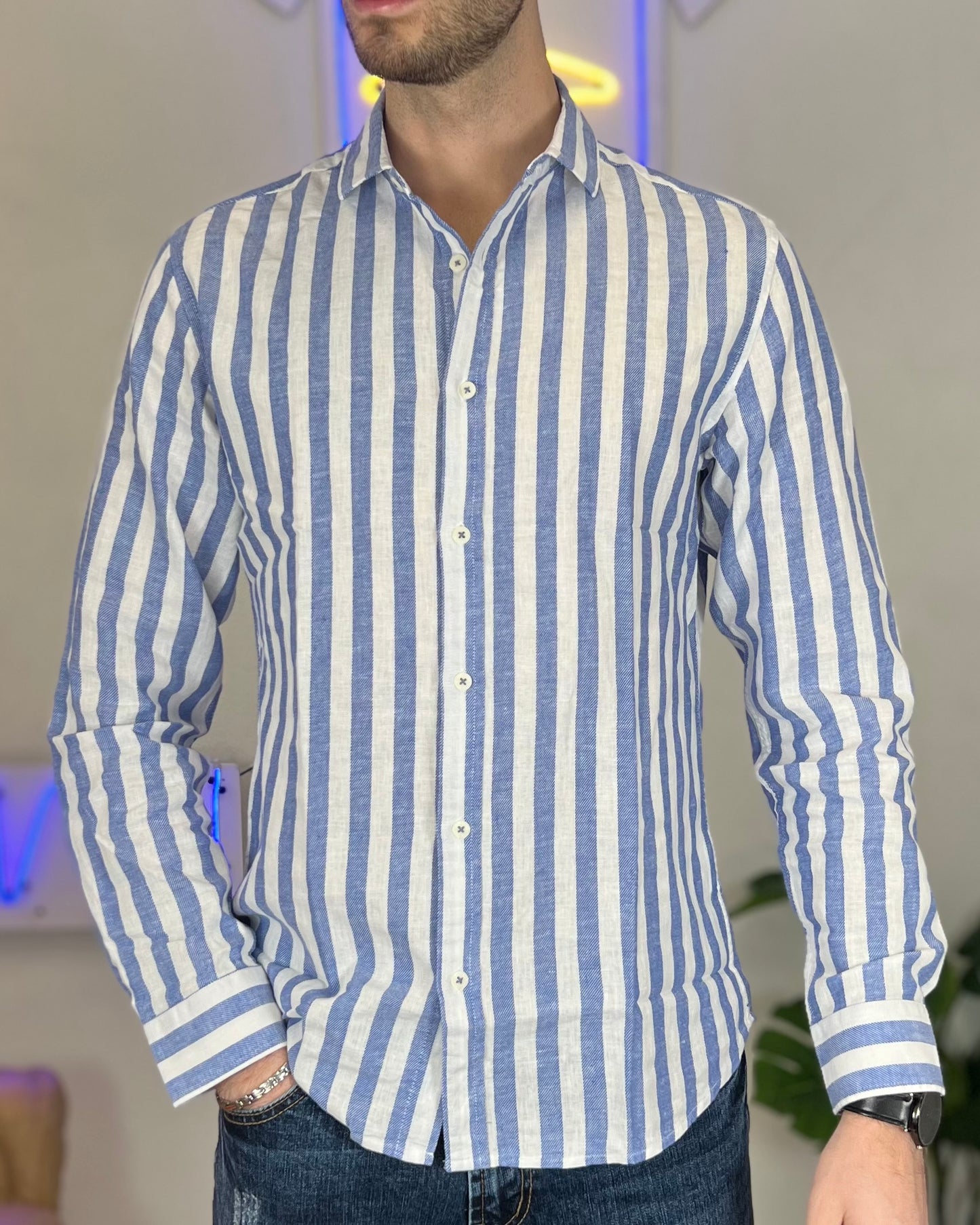 Camicia di Lino a Righe col. Blu