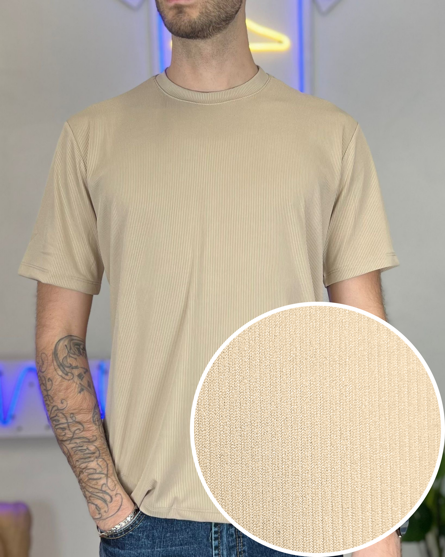 Maglia Manica Corta a Righe col. Beige